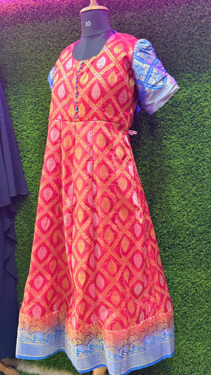 Red & Blue Banarasi Style Maxi Gown | Festive Ethnic Long Dress for Women