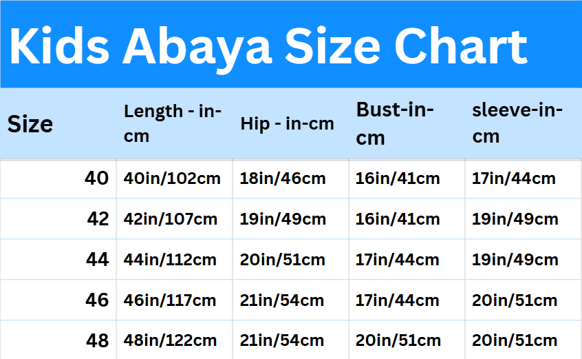 Plain Black Kids Abaya – Firdous Fabric, Sizes 30 to 46